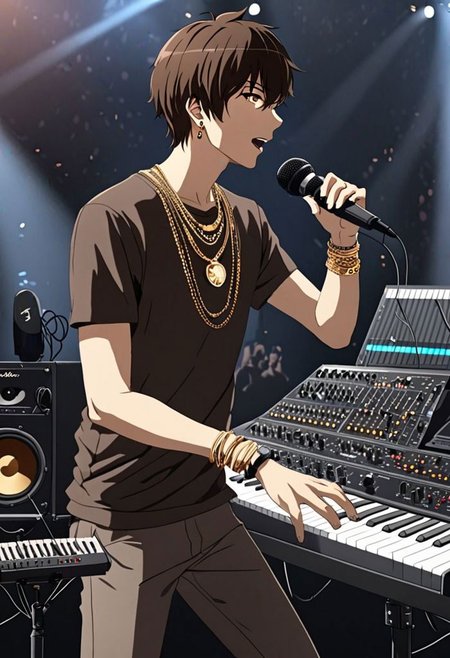 Highres, Masterpiece, High Quality, 4K, 8K, solo, 1Boy, Seiya Kanie, short dark brown hair, golden eyes, idol, singing, big stage, spotlight, virtual concert, microphone, cable, musical instrument, speaker, equalizer, synth, enthusiast, necklace, bracelet, ring, watch, anklet, earrings, easynegative, detailed_eye_model
