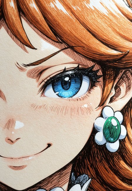 masterpiece, best quality, 
1girl, princess daisy, close up, looking at viewer, color sketch
rough sketch, traditional media, linear hatching, smug