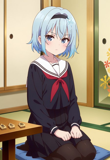 anime screencap, masterpiece, best quality,
<lora:RyuuouNoOshigoto!_SoraGinko_IlluXL:0.9>,
1girl, solo, closed mouth, blush,
short hair, light blue hair, blue eyes, black hairband, snowflake hair ornament,
GinkoSerafuku, white sailor collar, black shirt, red neckerchief, pleated skirt, black skirt, black pantyhose,
seiza, zabuton, table, shogi, looking at viewer, cowboy shot,
indoors, shouji, tatami