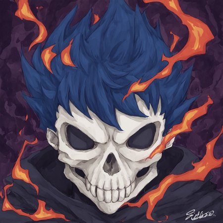 <lora:SlimesAtsushiOhkuboStyle:1>, slimes_atsushistyle, skull knight, portrait, blue flames, burning background, art by Atsushi Ohkubo