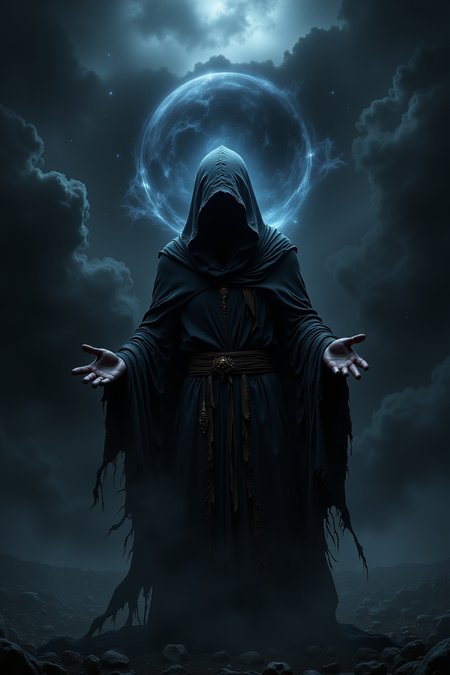 This is a dramatic, CGI-generated image depicting a powerful, mystical scene steeped in void-like darkness. The central figure is an imposing, hooded entity, draped in a tattered cloak that billows eerily around them, as if alive with the essence of shadow itself. Their face remains obscured by the deep shadows of the hood, enhancing the enigmatic and ominous atmosphere. As they stand with arms raised and hands open, a swirling mass of void energy radiates from their fingertips, distorting the surrounding darkness and hinting at their immense control over the chaotic forces of the abyss that swirl around them, pulling in light and matter alike.