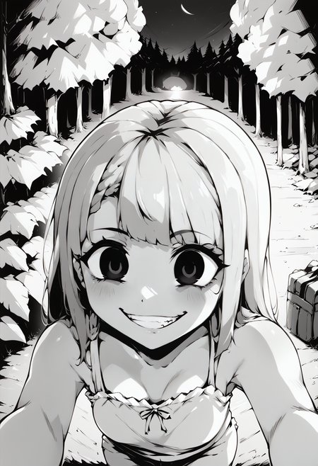 score_9, score_8_up, score_7_up, score_6_up, score_5_up, score_4_up, source_anime, uncensored, zPDXLxxx, <lora:intricate_details:1> indoors, dark foreground, dark forest, trees, night, pov, from above, face focus
<lora:Sister_Monochrome_Fantasy_v1.1:1> imouto, sister, 1girl, solo, monochrome, greyscale, long hair, camisole, wide-eyed, looking up, empty eyes, black eyes, looking at viewer, grabbing viewer, <lora:gesugao_v1_unpruned:1> gesugao, evil grin, shaded face