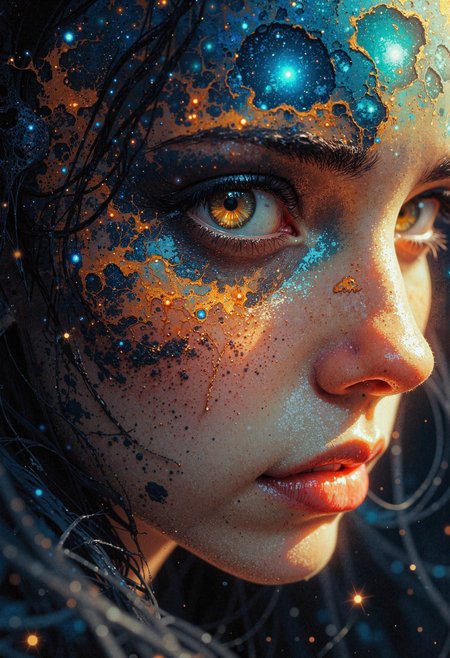 masterpiece, high-quality, A womans face, partially obscured by a veil of shimmering stardust, is illuminated by the soft glow of a nearby nebula. Her eyes, wide and filled with wonder, reflect the cosmic beauty of the universe. Delicate constellations are tattooed on her skin, glowing faintly in the dim light. A single tear rolls down her cheek, reflecting the light of a distant star. The camera focuses on the intricate details of her face, capturing her emotions and the ethereal beauty of the scene. Hyperdetailed textures, lighting, and a subtle sense of sadness create a scene of profound emotion and cosmic connection, <lora:FLUX\Anime v1.3:0.5> <lora:FLUX\FLUX-daubrez-DB4RZ:0.3> <lora:FLUX\VividlySurrealOrigin:0.6>