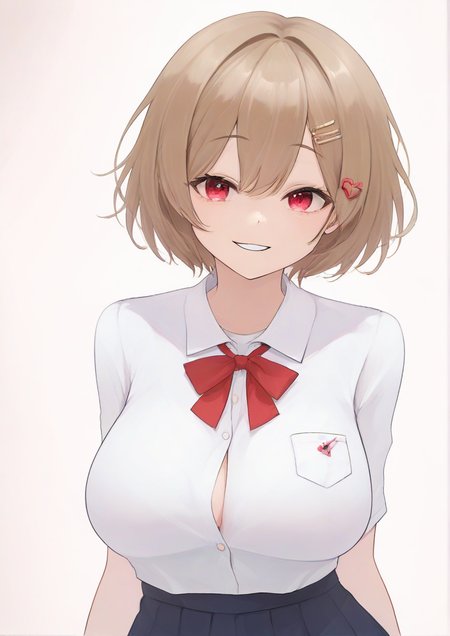 1girl, shiomi kotone, huge breast, bow, brown hair, gekkoukan high school uniform, hair ornament, hairclip, looking at viewer, red eyes, school uniform, short hair, skirt, smile, solo, (zPDXL3:1.5)<lora:kiming:1>