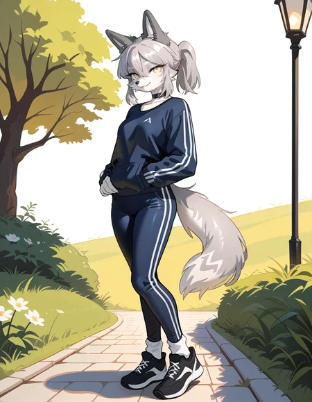 masterpiece, best quality, very aesthetic, absurdres,
outdoors, 
full body,  standing, posing,
casual, 
seductive smile, parted lips, long eyelashes,
<lora:Seraya_v01_NAIXL:1>
S3ray4,1girl,solo,furry,furry female,wolf girl,wolf ears,short hair,grey hair,ponytail,hair between eyes,long sidelocks,yellow eyes,snout,animal nose,choker,body fur,two-tone fur,grey fur,white fur,wolf tail,