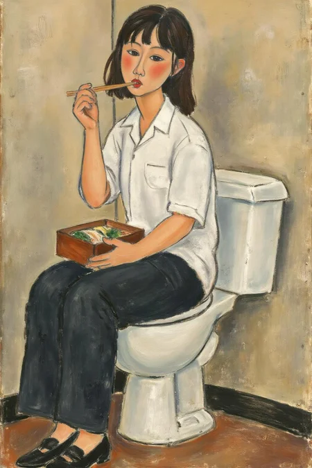 amedeomodigliani1 painting. 
A Japanese student sitting on a toilet, wearing a white shirt and dark pants, eating a box lunch bento with chopstick. 
  <lora:amedeomodigliani1_cap_d6a3e8:1.0><lora:847313286243314054:0>