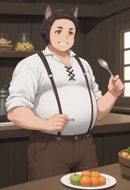 score_9, score_8_up, score_7_up, source_anime, rating_safe, Josph, 1stdsgn, 1boy, male focus, suspenders, green eyes, white shirt, collared shirt, fat man, plump, brown pants, wide smile, indoors dining room, food on the table, plates, fruits, behind the table, holding, holding spoon