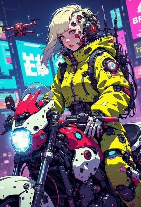 A digital artwork in the style of cknc,Close-up details, realistic style photo,Use soft lighting to cast gentle shadows on the subject, adding a touch of dimension to your images without compromising details, score_9, score_8_up, score_7_up,
a picture of a cyberpunk female pilot with bright yellow riding gear, riding a futuristic red and white bike,anime,cyberpunk, neon lights, night time, magenta and cyan hue, high angle view, ((blue eyes with cybernetic iris, blonde short hair, undercut, small machine guns on each shoulder, small drone hovering at the side))