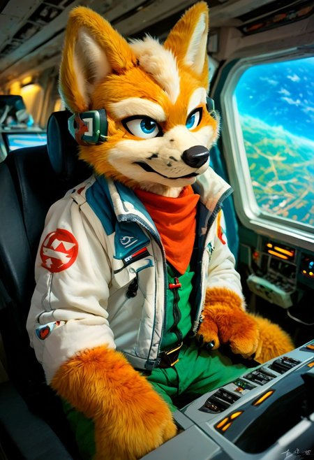 score_9, score_8_up, score_7_up, score_6_up, furry, mikus-sona, fursuit, furry focus, furry style, furry costume, anthropomorphic, anthro, Fox McCloud, male, blue eyes, spaceship, cockpit