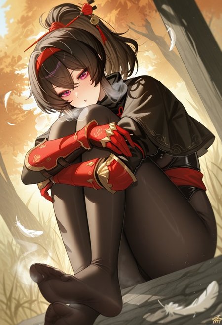 tansuan,  outdoors, undershirt, falling feathers, black bodysuit, hair stick, hugging own legs, , gauntlets,   eyeshadow,   red gloves,  high ponytail,  , black capelet, red hairband, pink eyes, 1girl, solo, feet, visible breath,   dynamic angle, foreshortening, smell, steam,