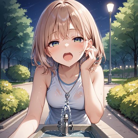 score 9,score_8_up,score_7_up,park,1girl,woman 
 <lora:drinking_fountain:0.8> drinking_fountain ,drink_water,  open mouth, faucet,
BREAK outdoors, park, night time, sweaty,