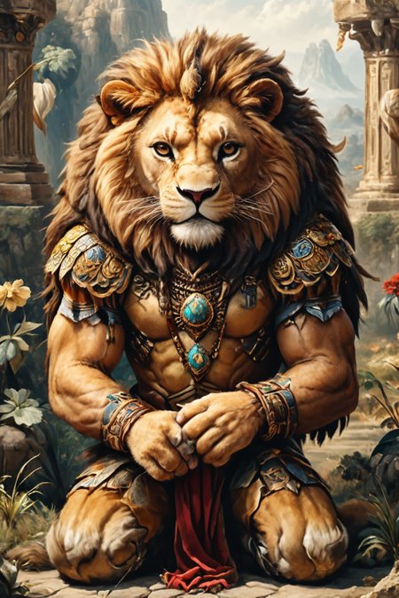 Detailed digital portrait of an anthro Lion (Kneeling thoughtfully, introspective pose) at a Virtual reality world mirroring ancient civilizations, <lora:xl_more_art-full_v1:0.5>,  <lora:The_Crazy_Style:0.7> <lora:anthro_muscular:0.7>