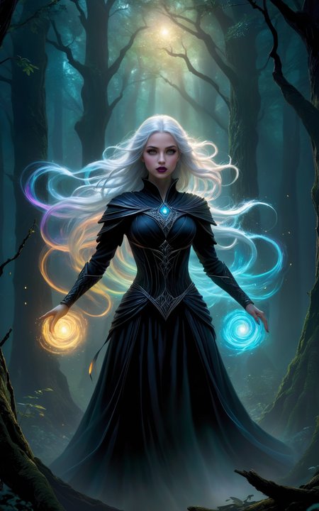 A female elven warlock stands in an ancient forest her arms outstretched  as she strains to control  the magic she has summoned, a swirling  vortex of rainbow colored light.  (long white hair), (bare midriff),
The air is thick with anticipation, the world around her responding to the surge of energy emanating from her hands. Deep within the forest, shadows cling to tree trunks, their darkness punctuated by the ethereal light of the magic. The warlock's pose is deliberate and powerful, every muscle tense with focus as she maintains control over the chaotic vortex.
The digital painting captures every minute detail: the lifelike textures of her robes, the magical light that accentuates her intense expression, and the intricate patterns that swirl around her like an otherworldly dance. The colors differences are striking â the bright magical light against the darkness of the forest at night.
<lora:Dark Fantasy:1>Dark Fantasy - Gothic scene in a dark forest at night with pure black background with a horror atmosphere black shadows