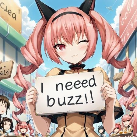 score_9, score_8_up, score_7_up, source_anime, <lora:rumiho-akiha-ingame-ponyxl-lora-nochekaiser:1>, 1girl, rumiho akiha, long hair, twintails, pink hair, drill hair, twin drills, red eyes, animal ears, cat ears, wink, cafe background, need_buzz, holding sign