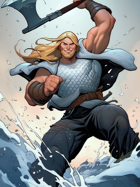 score_9, score_8_up, score_7_up, warrior, handsome, muscular male, winter clothes, big beard, cool, from below, holding axe, epic pose, muscular, evil smile, splash art, blonde hair, viking, pants, 
 <lora:FrankCho_style:1>, FrankchoStyle,