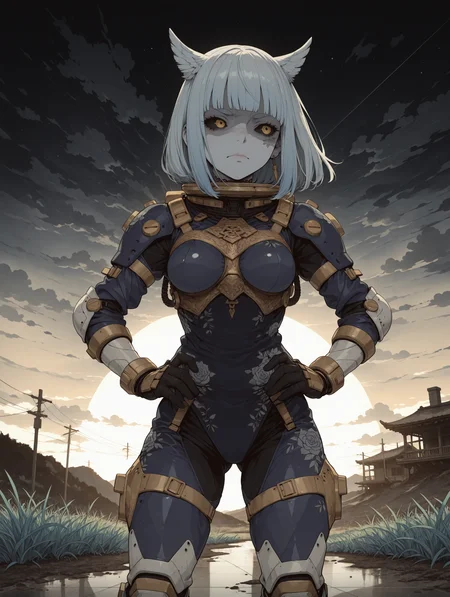 masterpiece,best quality,amazing quality,very aesthetic, mesugaki, haiz_ai, no lineart,no outline, HassaKu_illu, anime screencap, anime coloring, re4lity_sync_illu, S4bit4mago_illu, wasabi_natsume_illu, AmdrewXL, (character focus, close up:1.2),  Flat vector illustration, flat color, digital illustration, vintage dirt, eerie, Studio Ghibli Dark Fairytale, 
sunrise,  dark theme,  
soft lighting, shadows, soft shadows, Chiaroscuro Lighting, front light, , 
1girl, (solo:1.6), feather_hair, medium hair, hime_cut, blunt_bangs, black sclera, Gold eyes,| looking away, nervous, looking to the side,   thick eyebrows, chocolate hair, light Silver hair, floral tattoo, toned,   medium breasts, shaded, shaded face,  (2::pale skin:1.2),  pov, pov view, crouching , hands on hip,  cute pose,   
(dark blue wool gothic space suit, astronaut suit, armored suit:1.2), 
BREAK
dark theme,  golden,  gray theme, elaborate background, patterns, symbols,  gradient, asymmetric, mismatched,   
nanofiber walls, silver colored floor,  colored grass, colored grass, ornate architecture, sky, clouds,  storm clouds,   reflective background,
<lora:NOOB_vp1_detailer_by_volnovik_v1:3> <lora:add-detail-xl:3> <lora:DetailedPerfect_hands_r1:1> <lora:feet_anime_pony_v2:1> <lora:S4bit4mago:0.6> <lora:xl_more_art-full_v1:0.4> <lora:anime_screencap:0.2> <lora:Granblue Fantasy XLV2:0.2> <lora:Sinozick_style:0.8> <lora:LineArt Grey [LoRA] - Illustrious-XL v0.1:0.4> <lora:Gothic_Grain_Illustrious:0.2> <lora:Dark_Ghibli:0.2>