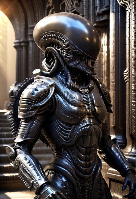 A xenomorph hunter, monster, Ornamental armor, armor, Ornamental chestplate with silver ancient alien runs, (fantasy scenery:1.3), intricate details, highly detailed, high resolution, HDR, realistic, dusty sunlight, ray_tracing, sun_flare, cinematic, perfect lighting, (vivid colors:1.3, color full:1.3), ultra detailed 8k cg, (best quality), (masterpiece:1.4), bokeh, depth of field, photorealistic, caustics, perfect shading,(hyperrealistic 3d render),art by hr giger,