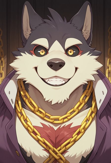 masterpiece, best quality, amazing quality, solo, 1boy, Garmrtas, purple shirt, gold chains, smile, close-up