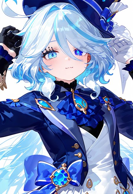 1girl, furina \(genshin impact\), genshin impact, ahoge, blue eyes, blush, closed mouth, collarbone, dress, drop-shaped pupils, eyelashes, hair between eyes, hair intakes, hands up, heterochromia, hood, hood up, long hair, looking at viewer, short sleeves, sidelocks, simple background, solo, symbol-shaped pupils, white background, white dress, white hair, light particles, blue hat, blue jacket, gem, black gloves, :3, blue hair, ascot, long sleeves, hat, gloves, jacket, top hat, multicolored hair, lapels, smile, hoodie, floating hair, asymmetrical gloves, white gloves, white hoodie, streaked hair, mismatched gloves, upper body, blue gemstone<lora:nyaliaXL_NB11_lokr_V531:0.95>