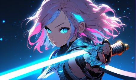 sword focus, cute, masterpiece, best quality, 1girl, solo, futuristic, intricate sword pointing down, looking at viewer, portrait, black background, simple background, glow in the dark, sci-fi, multicolored hair, aqua eyes, warrior