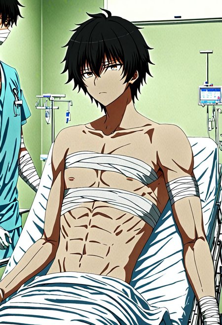 high resolution, solo, best quality, 1Boy, Seiya Kanie, black hair, short hair, thin, bandage, patient, hospital, OverallDetail