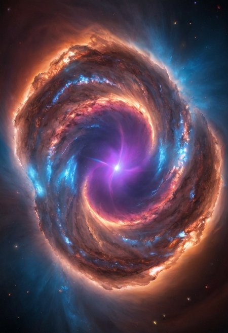 a dynamic and breathtaking image of the universe with vibrant colors and dramatic lighting. Show a swirling nebula in the foreground with bright, intense hues of blue, purple, and pink. In the background, depict a distant galaxy with spiraling arms and scattered stars. Include a supernova explosion, radiating brilliant light, and a mesmerizing black hole at the center, with cosmic debris swirling around it. Add a hint of distant planets and asteroids to create a sense of scale and depth. Make the entire scene feel alive and constantly in motion.