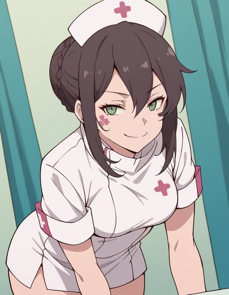 score_9, score_8_up, score_7_up, source_anime, <lora:v-lila-f-hnu-ponyxl-lora-nochekaiser:1>, v lila f, brown hair, black hair, green eyes, braid, sidelocks, hair bun, makeup, facial mark, single hair bun, hair between eyes,, hat, nurse cap, nurse, short sleeves,, indoors, bent over, smile, smug, looking at viewer, solo,, cowboy shot, dutch angle