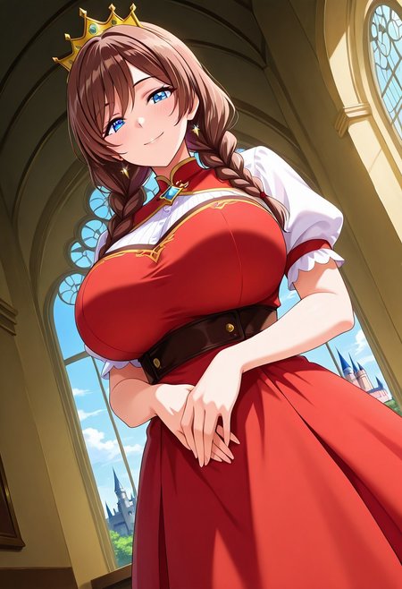 general,highres, ultra-detailed,very aesthetic,best quality ,best hands,best eyes,easynegative,
dynamic anglre, dutch angle, anime cloring,
1girl solo,looking at viewer,castle, indoors, smile,
Celine,brown hair, blue_eyes, huge_breasts, twin braids,crown, dress,