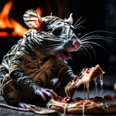 close-up of a rat mummy eating pizza, professional photo, very detailed and dramatic, expressive cinematic, darkness, bokeh f1.2<lora:mummy:1>