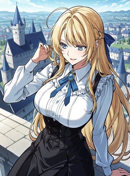 <lora:Kiri_Frodmain Illustrious:1>
1 girl, solo, blue eyes, blonde hair, long hair, loose hair, french braid, bangs, large breasts
black skirt, white shirt, ahoge, blue ribbon, long sleeves, hair ribbon, brooch, jewelry, corset, high-waist skirt, blue necktie, collared shirt, frills
score_9, score_8_up, score_7_up, very aesthetic, source_anime, detailed, high quality, beautiful, masterpiece, detailed eyes, castle, village, blurry background, cityscape, pose dynamic angle, light smile, open mouth, hand on hair, sitting