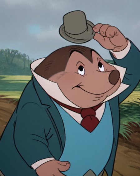 mrmole, jacket, furry male, fat, male focus, blue vest, 1boy, formal, solo, hat, red necktie, black eyes,outdoors,grass,  score_9, score_8_up, score_7_up, score_6_up, score_5_up, score_4_up, looking at viewer, hand on own hip, cowboy shot,upper body, smile,holding hat, <lora:MrMolePony1.0:1>