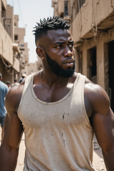 movement, bara, buff, thicc, muscular, 20yo, tank top, iraqi, scruffy, shabggy, cinematic, dramatic, stunning photo, dark skin, candid, tough guy, walking, (side view:0.2)