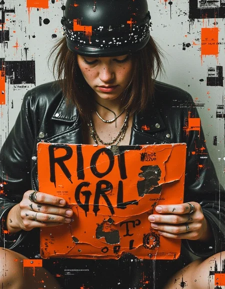 grng style.
A punk woman sits hunched over a worn vinyl record, her image captured in the cinematic anamorphic lens with exceptional clarity amidst a riot of chaotic color and texture. The frame is bathed in a soft, muted light that highlights the subtle nuances of her grungy appearance. A few wispy strands of hair escape from beneath her black bandana, their texture rendered with intricate detail by the anamorphic technique. Her ripped fishnet top seems to cling to her skin, its delicate fabric caught in the soft focus effect that surrounds it.
The vinyl record appears worn and scratched, its surface bearing the subtle fingerprints of countless hands that have held it before. The words "RIOT GRRRL" are scrawled across the sleeve in bold, black letters, their sharp edges visible against the soft focus effect. A subtle gradient of grays and blacks captures the viewer's attention, evoking the feeling of a dark and rebellious world.
The woman's leather jacket appears worn and faded, its textured surface visible in every wrinkle and crease. Her skin is pale and acne-scarred, adding to her overall air of tough, unapologetic rebellion. Every detail on her face is rendered with incredible precision, from the subtle smudges of eyeliner that ring her eyes to the delicate tattoos that adorn her arms.
The overall effect is one of raw energy and unbridled passion, as if the very act of holding this record has unleashed a torrent of emotion and intensity upon the viewer. The image seems to pulse with a life of its own, every element working together to create a sense of dynamic tension that draws the viewer in and refuses to let go.