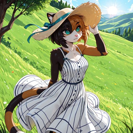masterpiece, best quality, newest, absurdres, highres, furry, perfect anatomy, K4w4,1girl,solo,furry,furry female,cat girl,short hair,multicolored hair,cat ears,aqua eyes,slit pupils,snout,animal nose,whiskers,body fur,two-tone fur,cat tail,striped tail, hills, grass, sunny, windy, striped dress, black and white dress, white sun hat, sunshine, beautiful, looking off,