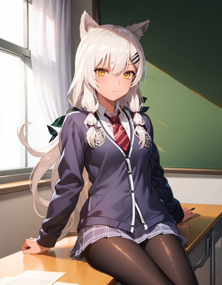 (extremely detailed CG unity 8k wallpaper),(masterpiece), (best quality), (ultra-detailed), (best illustration),(best shadow), (sharp eyeliner, eyeshadow, detailed eyes:1.2), classroom, sitting behind desk
,BREAK
(m590school:1.2), animal ears
<lora:M590:1>