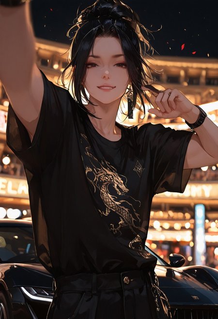 masterpiece, best quality, good quality, very aesthetic, absurdres, 
newest, 8K, depth of field, focused subject,visual storytelling,dynamic composition,
close up, stylized, scenery, bokeh,blurred background, 
Black Myth Wukong, male sun wukong, 
chinese mythology,( dynamic pose:1.3), smirking face,
upper body focus,
casual clothes, wearing luxurious black jeans and luxurious black tied t-shirt with gothic design, expensive black watch
windblown hair, 
mythic scale, sakura petals, mystic mist, 
cinematic composition, backlighting, volumetric light, vegas city scene, symbolic environment, god-tier illustration,(sketch:1.3), taking a selfie in front of a black lamborghini aventador with spoiler and body kit (car is black, chrome carbon fiber details, chrome rims), night scene under the moon, in front of a luxury casino