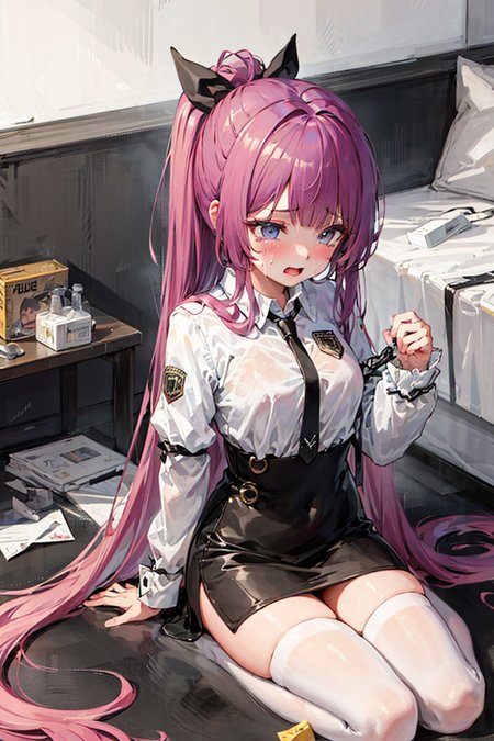 masterpiece,1girl,solo,  <lora:TashkentBoundV1-06:1> ,purple hair, metal collar, tears,cry,tearing up, white legwear, chain leash,high ponytail, center opening:1.2,torn clothes, ahegao,standing:1.2,on stomach,