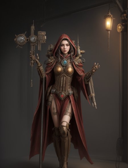 Ultra-realistic 8k CG, masterpiece, best quality, (very detailed face),masterpiece, best quality, 1girl, 20 years old, woman, colorful, (full body, wide shot),  <lora:more_details:0.8>  <lora:techpriest:0.8> mechanical arms, steampunk, hood, robe, techpriest, forgeworld, adeptus mechanicus,