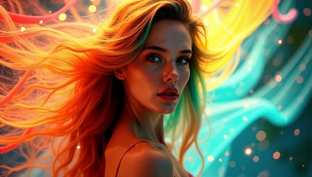 vintage style from 1930s,
Extreme realism in a complex, highly detailed composition featuring a woman with flowing rainbow-colored hair. The glowing background, with its vibrant colors, exaggerated details, intricate textures, and dynamic lighting, creates a whimsical, dreamy atmosphere in photorealistic quality.

Trails of light that weave through the scene, adding a playful and dynamic element.
Ribbons of light that float gently through the air, adding a delicate, ethereal touch.Background glows that are softly out of focus, adding depth and a dreamy quality.

The woman has a slight pout on her lips, her eyes looking away from the camera, giving a vintage, film-noir vibe.

