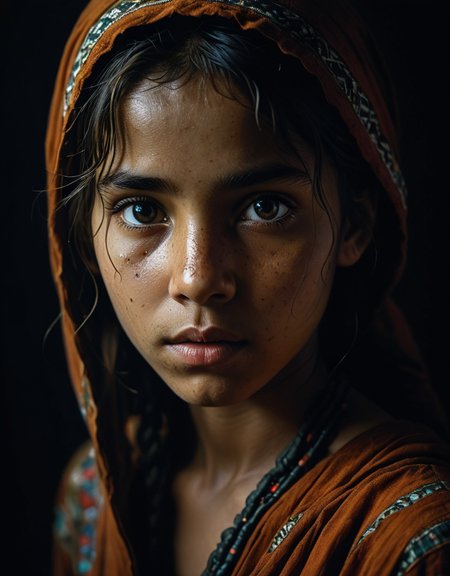Ethnic photography, girl in dark room, Steve McCurry, Georges Merillon, Anna Dittmann, high contrast, side lighting, photographic quality, 4K