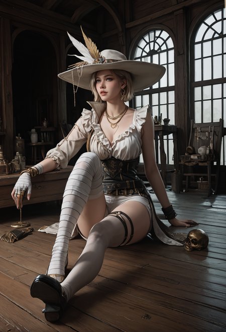 ,ruanyi1288,indoors,
,ruanyi1135,asymmetrical clothes,belt,bandages,frills,gold necklace,hat feather,single glove,white shorts,thighhighs,jewelry,single gauntlet,
on floor,knees together feet apart,<lora:1288 Inside the ruined ship_v1_pony:1>,<lora:1135 Gunslingirl_v1_pony:0.7>, score_9,score_8_up,score_7_up,,8k,1girl,solo,,