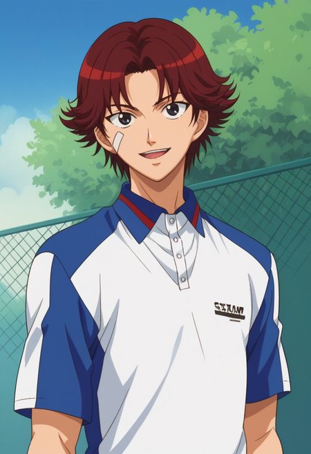 score_9, score_8_up, score_7_up, source_anime, highly detailed, 
eijikiku, 1boy, male focus, solo, red hair, short hair, black eyes, bandaid on face, sportwear, tennis uniform, shirt, white shirt, blue shirt, short sleeves, polo shirt, jacket, track jacket, smile, open mouth, upper body,
outdoor,