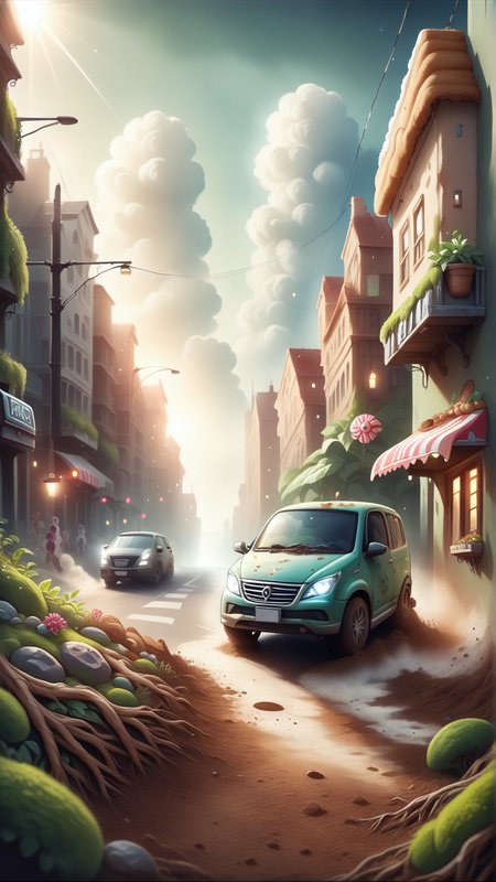<lora:ElementEarthPDXL:1>ElementEarth score_9, score_8_up, score_7_up, score_6_up, source_anime, Realistic illustration of a young child, lost in a daydream, standing on a busy city street. The child has rosy cheeks, messy hair, and wears colorful clothing. In the foreground, a bakery's glass window showcases an array of pastries, with a tantalizing aroma wafting through the air. The bustling city life continues in the background, with people passing by and cars zooming past. Soft, warm lighting highlights the child and the bakery, contrasting with the cooler city tones., nature, dirt, (earth:0.4), (leaves:0.7)