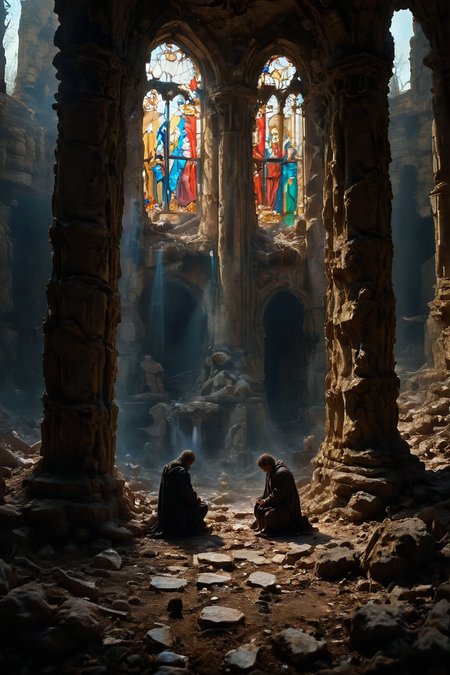 A crumbling cathedral with stained glass windows and broken pillars, with a single figure kneeling in prayer in the middle of the ruins. <lora:add-detail-xl:1> <lora:Flux-style-xl-lora:1> <lora:zavy-cntrst-sdxl:1> <lora:SDXLFaeTastic2400:1> <lora:extremely_detailed:1>