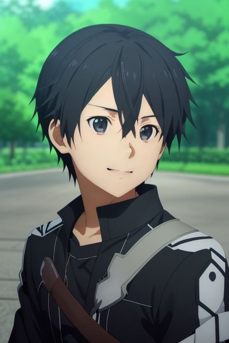 high resolution, solo, best quality, 1Boy, Kazuto Kirigaya, portraits, Black Hair, Black Eyes, Looking at viewer, happiness, depth of field, half body, outdoor, OverallDetail