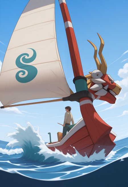 masterpiece,best quality,amazing quality, 1boy, solo, r3d, boat, water, waves, sail,