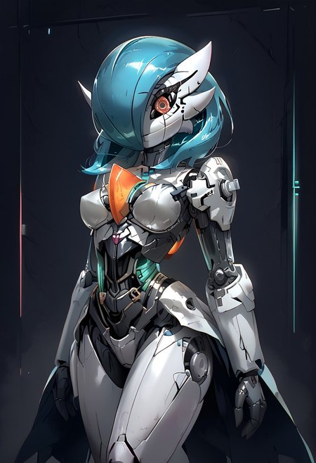 (((gardevoir))), female, anthro, metalic white skin, score_9, score_8_up, score_7_up,
 Android gardevoir, robotic face, LED screen eyes, robot body, metal skin, SilverPulse, armor,