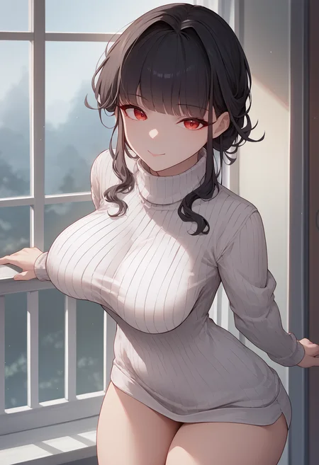 score_9, score_8_up, score_7_up, source_anime BREAK 1girl, solo, <lora:sakura-nikke-richy-v1_pdxl:1>skrnnj, red eyes, black hair, bangs, white sweater, turtleneck sweater, ribbed sweater, breasts, smile, looking at viewer, thighs, standing