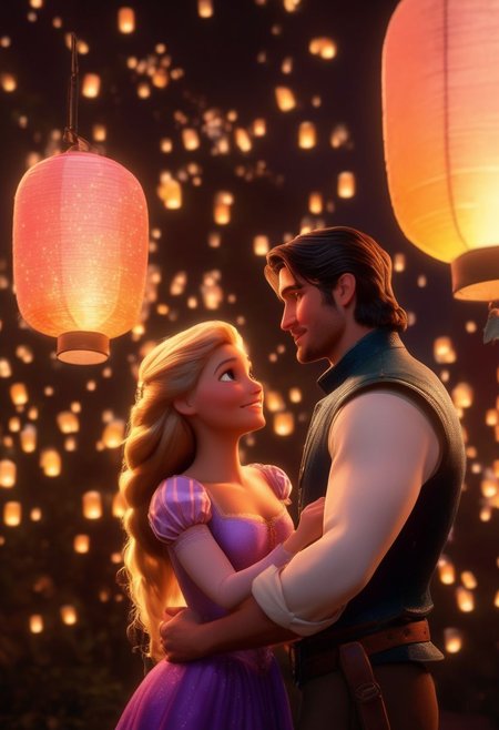 romance, 1man, 1girl, full body shot, realistic, stunningly realistic, trending on artstation ,  FlynnRider, Rapunzel, 1man, 1girl, original style, high angle, lanterns, magical ambiance, surrounded by lights, (masterpiece), best quality, highres, 4k, 8k, intricate detail, cinematic lighting, amazing quality, amazing shading, soft lighting, 35mm, analog style, a realistic photo, film grain, (photorealistic:0.6), taken by a canon eos r5, ultra detailed skin, ultra detailed face,  chromatic aberration, colorful, bright colors,