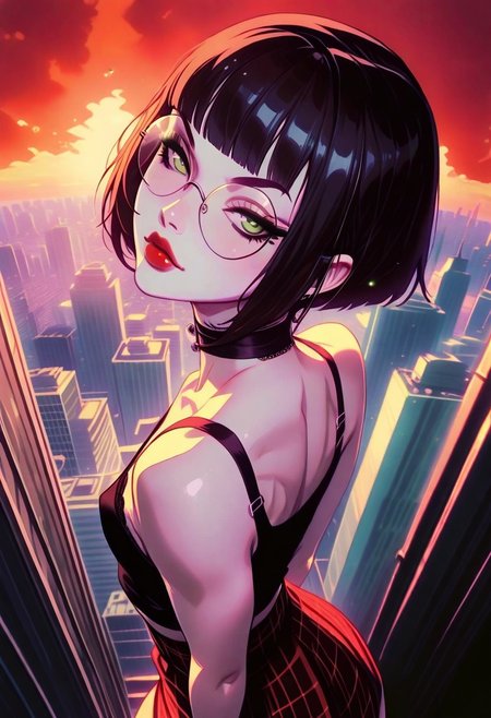 masterpiece, best quality, 32k, high resolution, absurdres, 1girl, Polly, PollyRH, short hair, bobcut, black hair, bangs, green eyes, small breasts, almost flat chest, slim, pale skin, big round eyeglasses, clear eyeglasses lenses, red lipgloss, HD32k, dynamic pose, aesthetic, perspective, solo, detailed eyes, sensual look, pinup pose, urban scenario, detailed background, black-red tint, sunset, sensual look,  goth attire, punk attire, black tank top,nipple peek, (red) tartan skirt, spiky wristbands, chocker,, from behind shot, back view, back focus